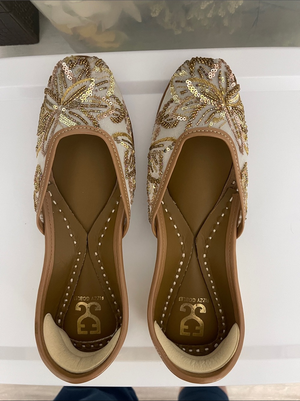 Gold Sequin Embellished White & Tan Women's Slip-On Flats